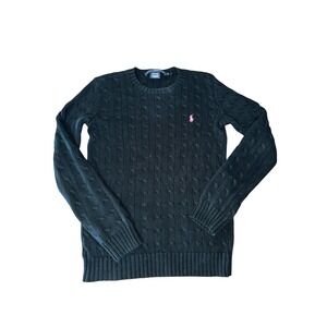 Ralph Lauren Sport Black Cable Knit Cotton Sweater Pink Pony Logo Womens M
